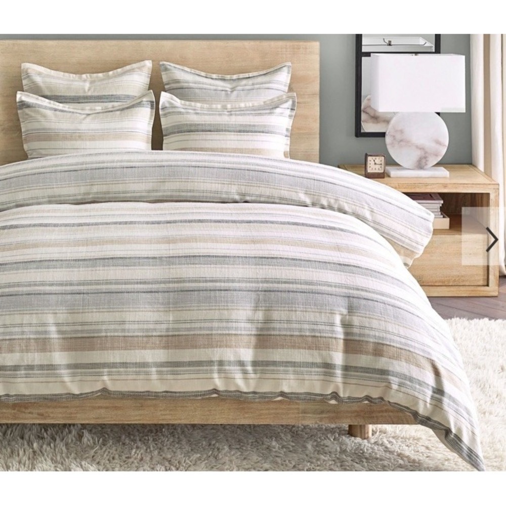 Pottery Barn Clayton Striped 100% Cotton Duvet Cover Cal King Neutral 92x108